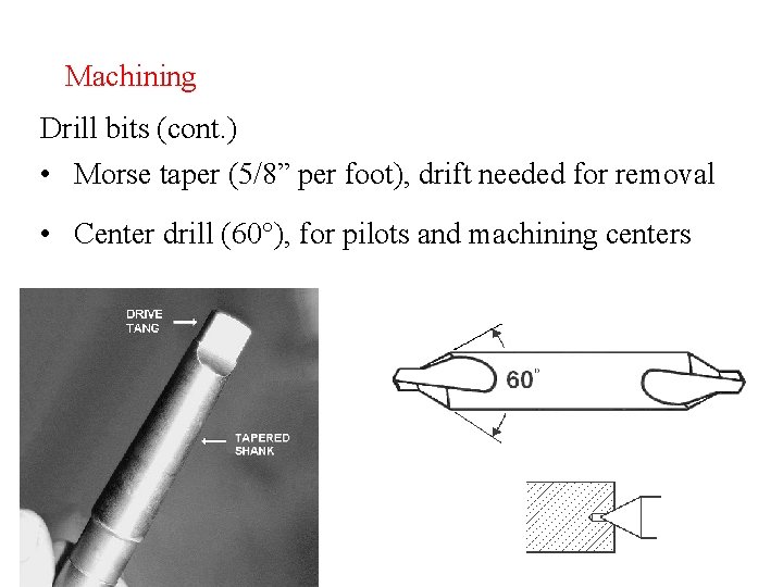 Machining Drill bits (cont. ) • Morse taper (5/8” per foot), drift needed for