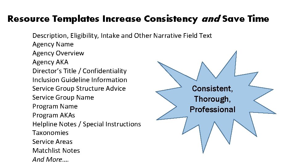 Resource Templates Increase Consistency and Save Time Description, Eligibility, Intake and Other Narrative Field