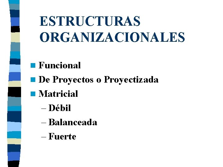 ESTRUCTURAS ORGANIZACIONALES n Funcional n De Proyectos o Proyectizada n Matricial – Débil –