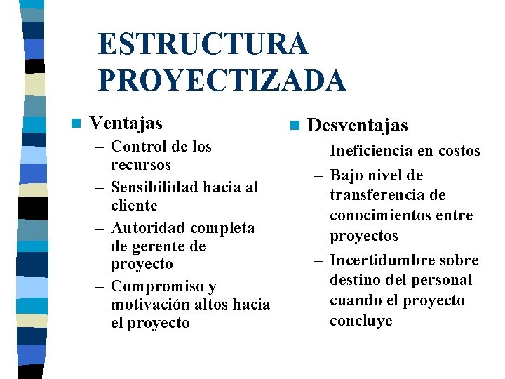 ESTRUCTURA PROYECTIZADA n Ventajas – Control de los recursos – Sensibilidad hacia al cliente