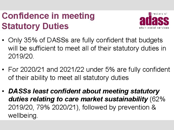 Confidence in meeting Statutory Duties • Only 35% of DASSs are fully confident that