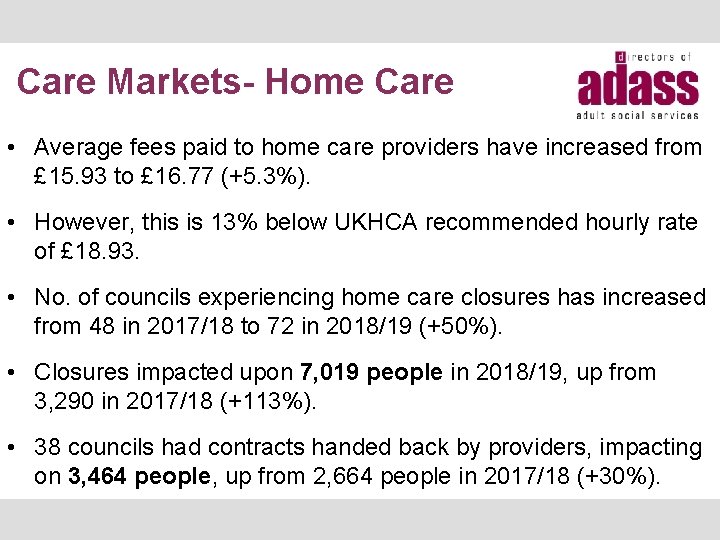 Care Markets- Home Care • Average fees paid to home care providers have increased