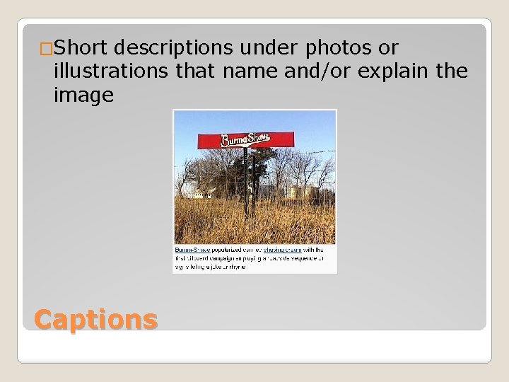 �Short descriptions under photos or illustrations that name and/or explain the image Captions 