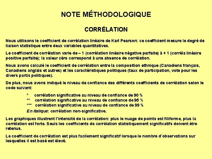 NOTE MÉTHODOLOGIQUE CORRÉLATION Nous utilisons le coefficient de corrélation linéaire de Karl Pearson: ce