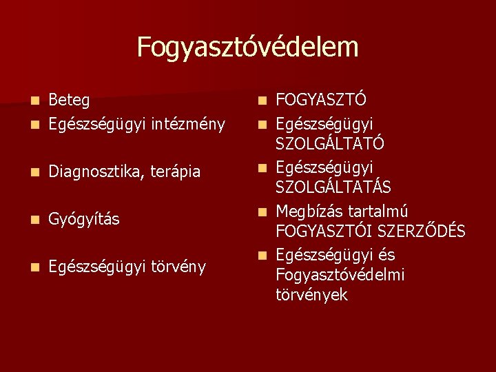 Fogyasztóvédelem Beteg n Egészségügyi intézmény n n Diagnosztika, terápia n n Gyógyítás n n