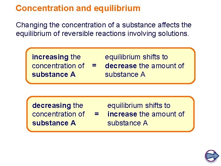 Concentration and equilibrium Changing the concentration of a substance affects the equilibrium of reversible