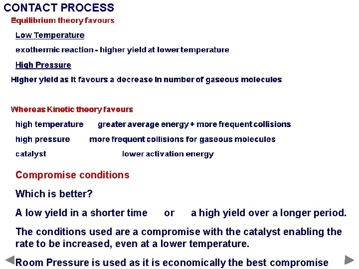 CONTACT PROCESS Compromise conditions Which is better? A low yield in a shorter time