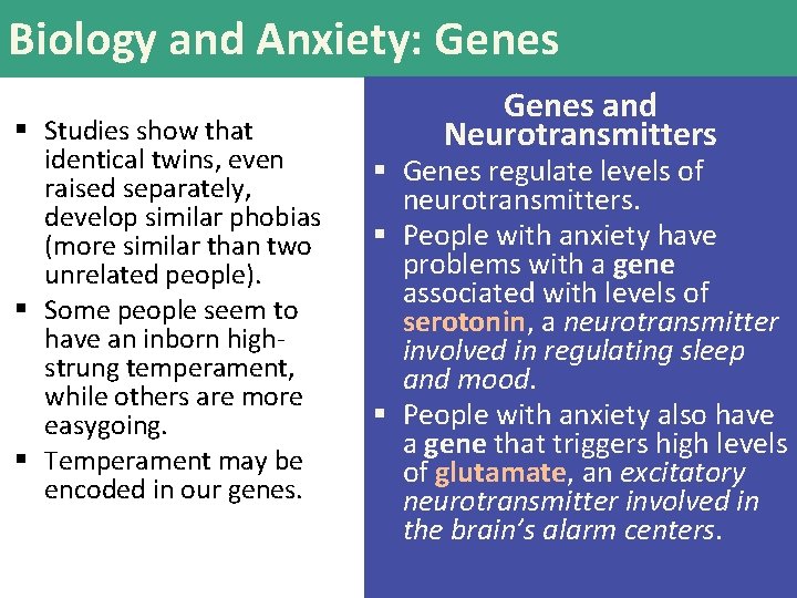 Biology and Anxiety: Genes § Studies show that identical twins, even raised separately, develop