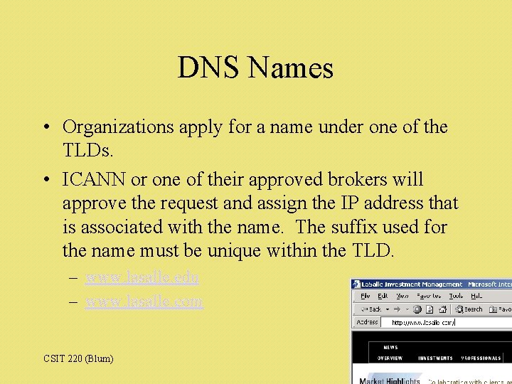 DNS Names • Organizations apply for a name under one of the TLDs. •