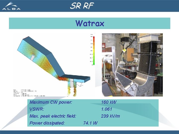 SR RF Watrax Maximum CW power: 160 k. W VSWR: 1. 061 Max. peak