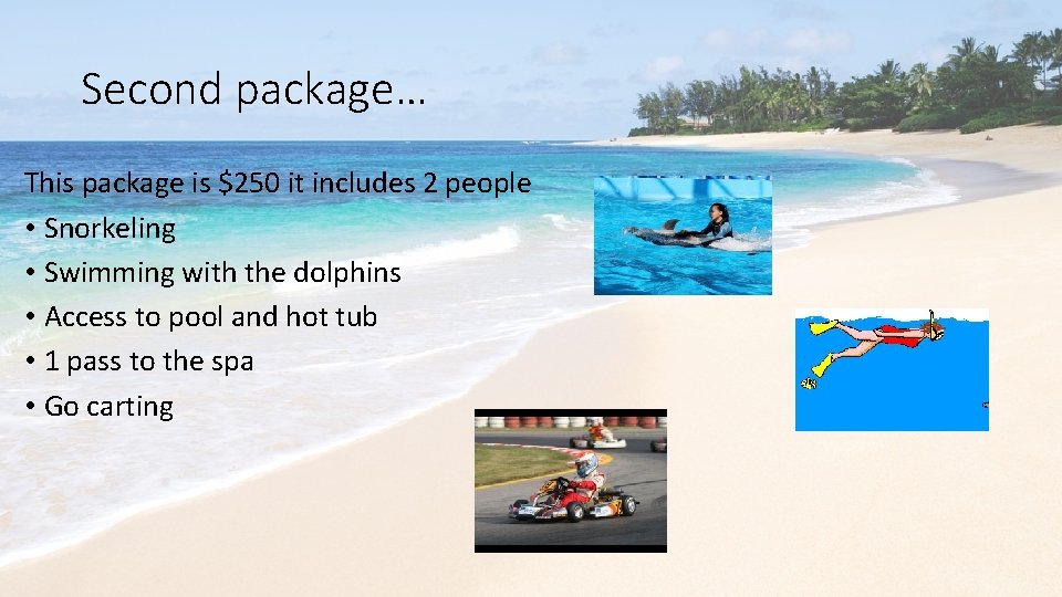Second package… This package is $250 it includes 2 people • Snorkeling • Swimming