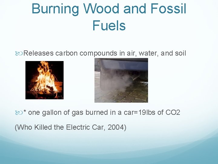 Burning Wood and Fossil Fuels Releases carbon compounds in air, water, and soil *
