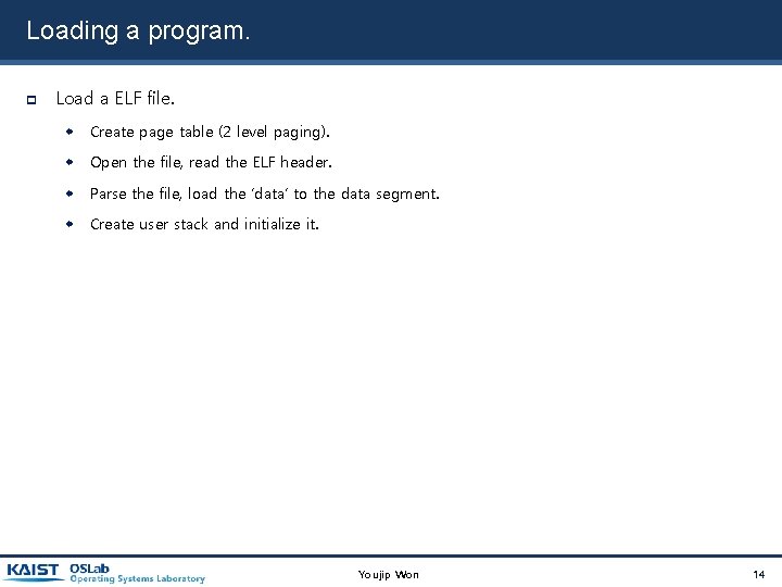 Loading a program. Load a ELF file. Create page table (2 level paging). Open Loading a program. Load a ELF file. Create page table (2 level paging). Open