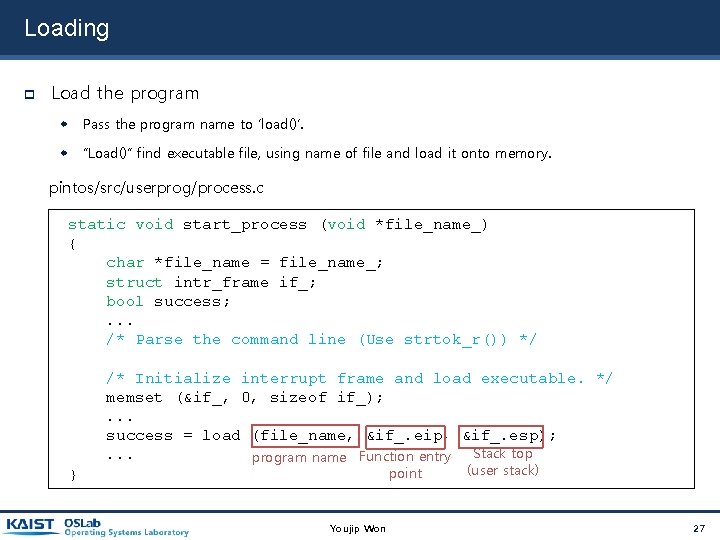 Loading Load the program Pass the program name to ‘load()’. “Load()” find executable file, Loading Load the program Pass the program name to ‘load()’. “Load()” find executable file,