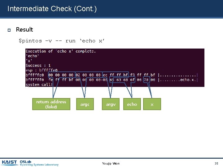 Intermediate Check (Cont. ) Result $pintos –v -- run ‘echo x’ return address (fake) Intermediate Check (Cont. ) Result $pintos –v -- run ‘echo x’ return address (fake)