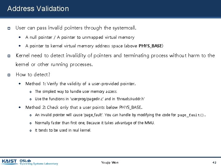 Address Validation User can pass invalid pointers through the systemcall. A null pointer / Address Validation User can pass invalid pointers through the systemcall. A null pointer /