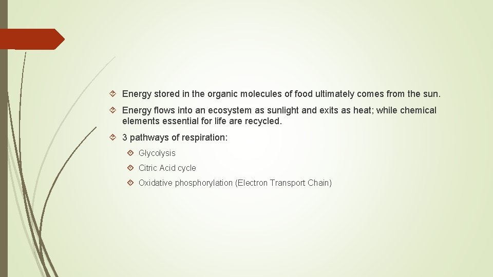  Energy stored in the organic molecules of food ultimately comes from the sun.
