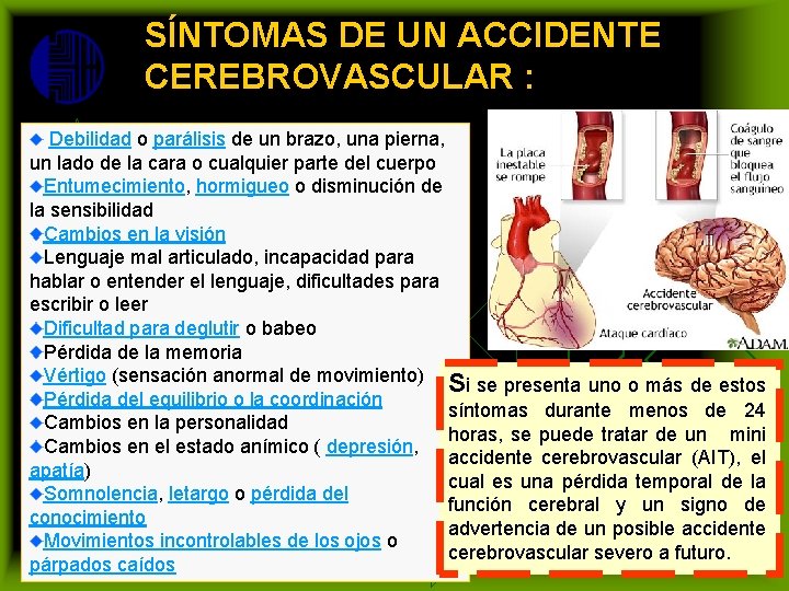 SÍNTOMAS DE UN ACCIDENTE CEREBROVASCULAR : Debilidad o parálisis de un brazo, una pierna,