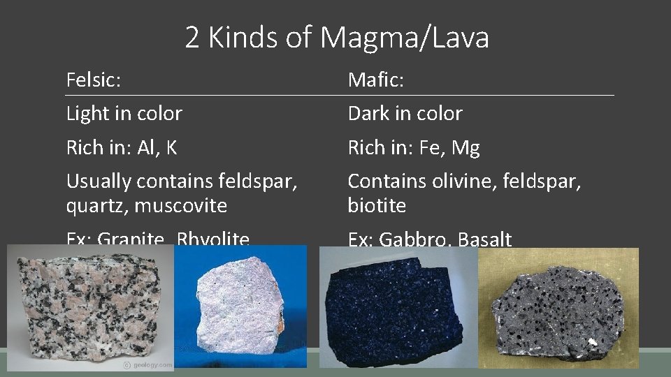 2 Kinds of Magma/Lava Felsic: Mafic: Light in color Dark in color Rich in: