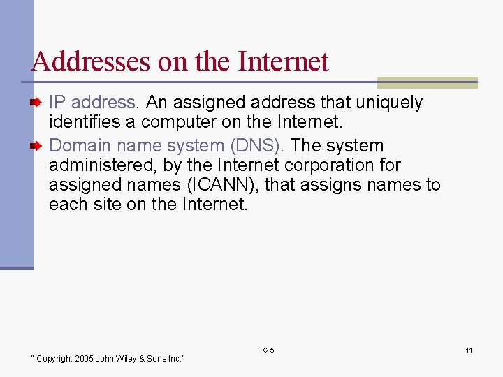 Addresses on the Internet IP address. An assigned address that uniquely identifies a computer