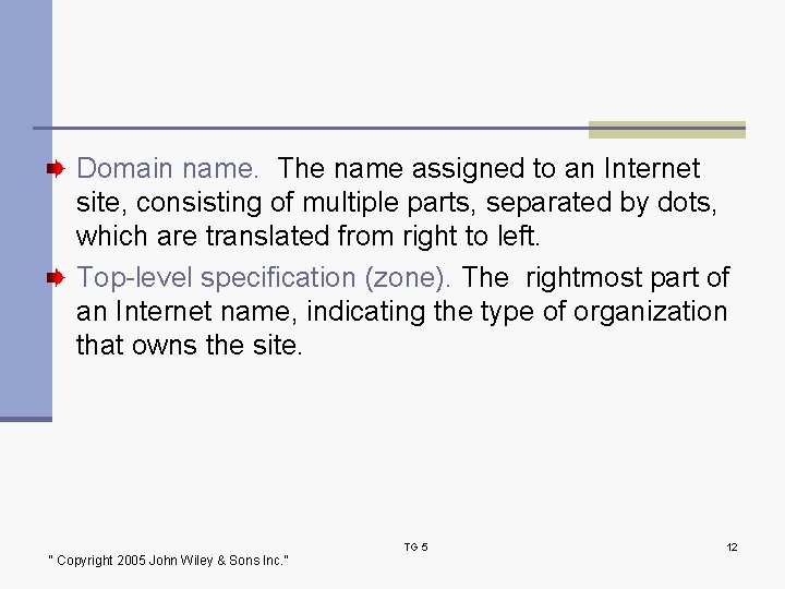 Domain name. The name assigned to an Internet site, consisting of multiple parts, separated