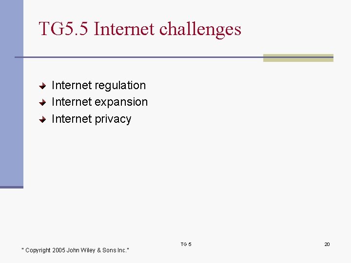 TG 5. 5 Internet challenges Internet regulation Internet expansion Internet privacy “ Copyright 2005