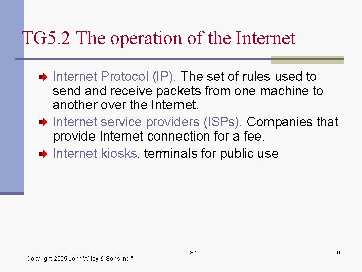 TG 5. 2 The operation of the Internet Protocol (IP). The set of rules