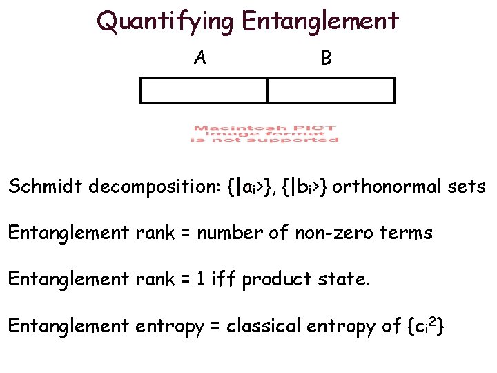 Quantifying Entanglement A B Schmidt decomposition: {|ai>}, {|bi>} orthonormal sets Entanglement rank = number