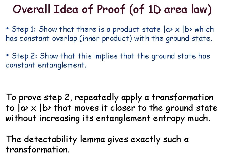 Overall Idea of Proof (of 1 D area law) • Step 1: Show that