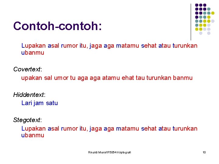 Contoh-contoh: Lupakan asal rumor itu, jaga matamu sehat atau turunkan ubanmu Covertext: upakan sal