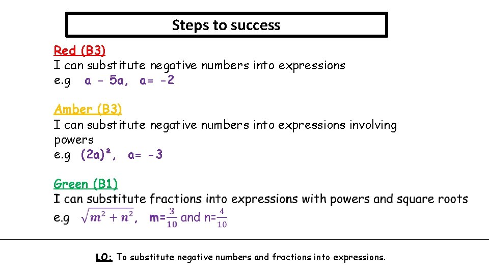 Steps to success Red (B 3) I can substitute negative numbers into expressions e.