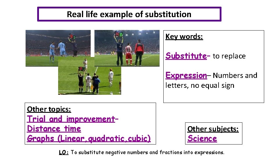Real life example of substitution Key words: Substitute– to replace Expression– Numbers and letters,