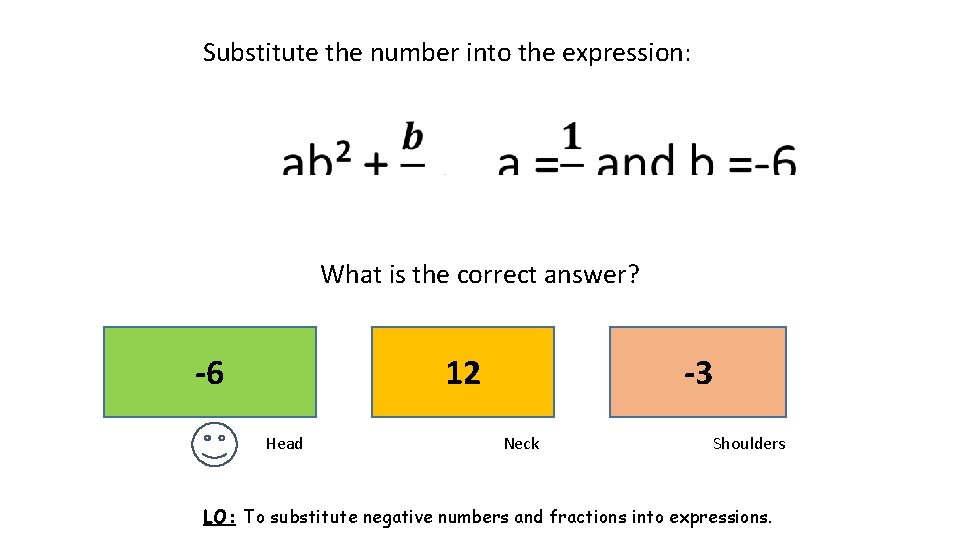 Substitute the number into the expression: What is the correct answer? -6 12 Head