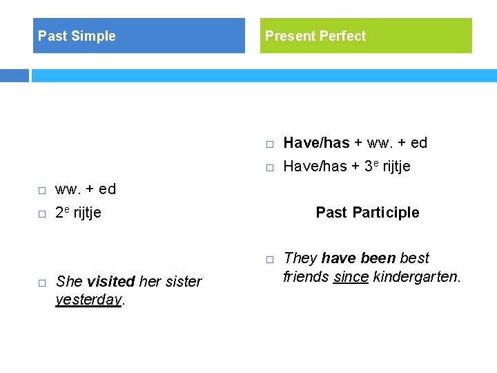 Past Simple ww. + ed 2 e rijtje Present Perfect Have/has + ww. +