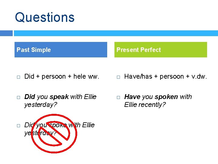 Questions Past Simple Did + persoon + hele ww. Did you speak with Ellie