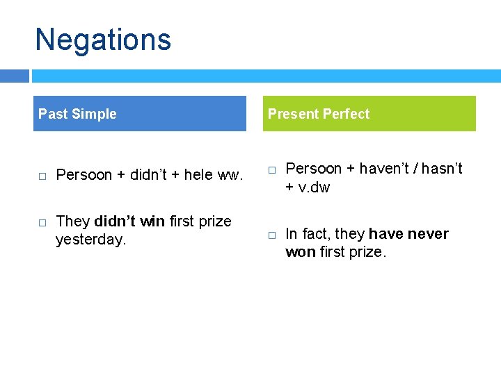 Negations Past Simple Persoon + didn’t + hele ww. They didn’t win first prize