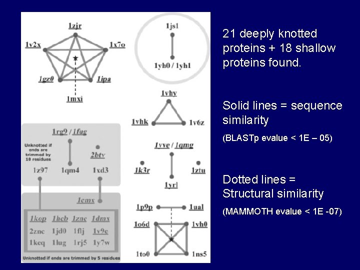 21 deeply knotted proteins + 18 shallow proteins found. Solid lines = sequence similarity