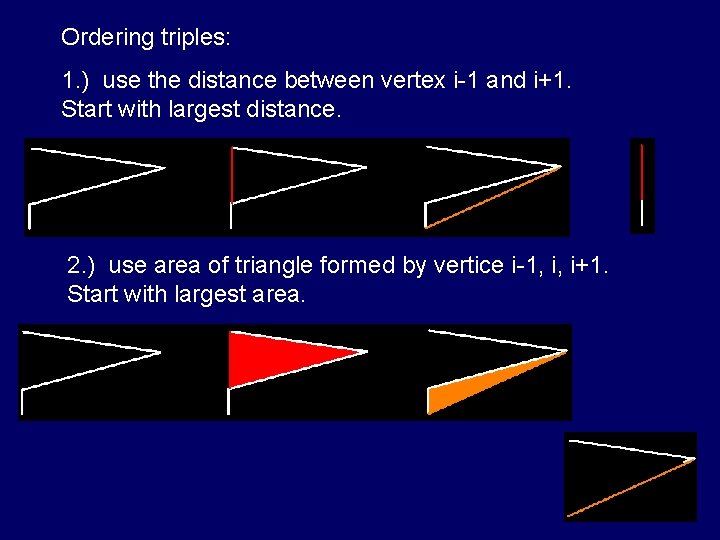 Ordering triples: 1. ) use the distance between vertex i-1 and i+1. Start with