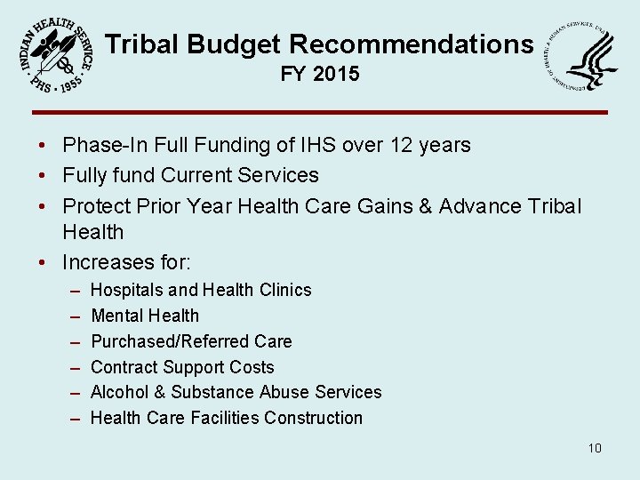 Tribal Budget Recommendations FY 2015 • Phase-In Full Funding of IHS over 12 years