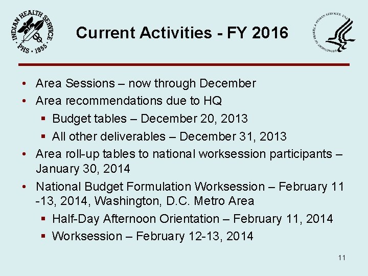 Current Activities - FY 2016 • Area Sessions – now through December • Area