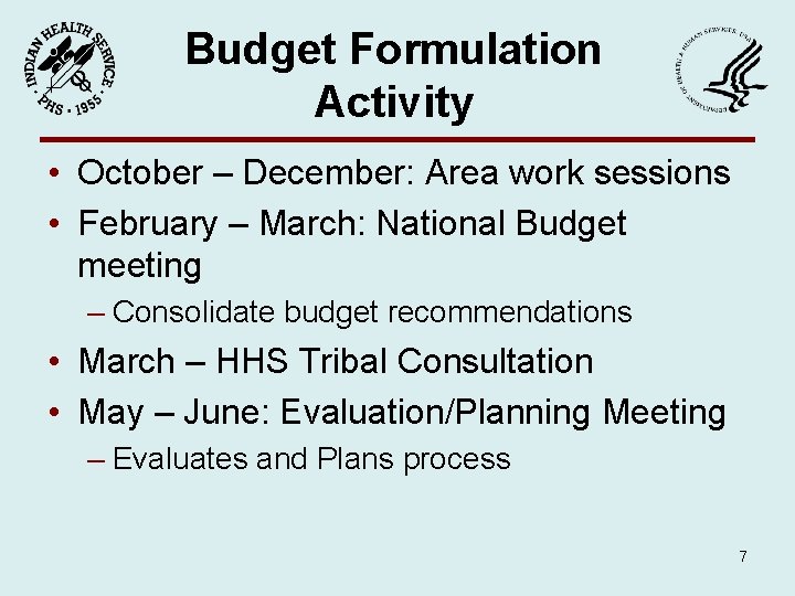 Budget Formulation Activity • October – December: Area work sessions • February – March: