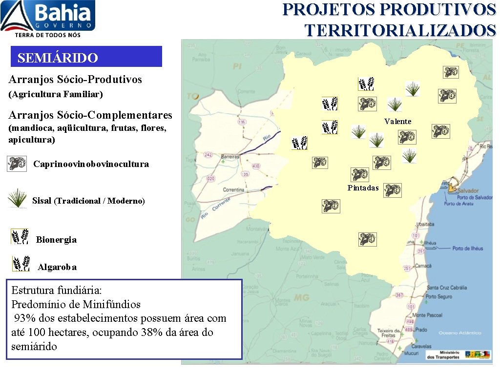 PROJETOS PRODUTIVOS TERRITORIALIZADOS SEMIÁRIDO Arranjos Sócio-Produtivos (Agricultura Familiar) Arranjos Sócio-Complementares Valente (mandioca, aqüicultura, frutas,