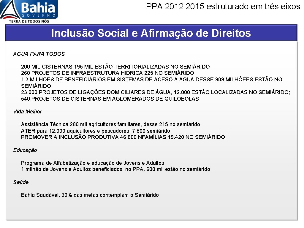 PPA 2012 2015 estruturado em três eixos Inclusão Social e Afirmação de Direitos AGUA