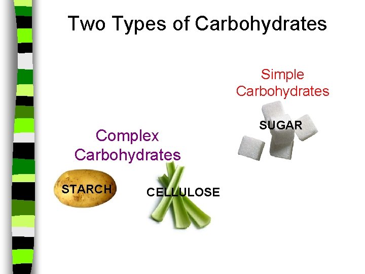 Two Types of Carbohydrates Simple Carbohydrates Complex Carbohydrates STARCH CELLULOSE SUGAR 
