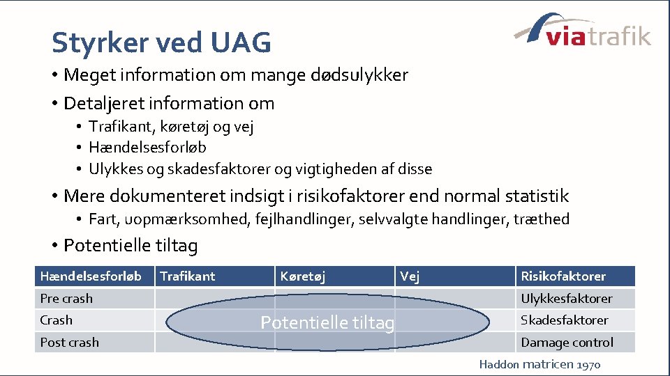 Styrker ved UAG • Meget information om mange dødsulykker • Detaljeret information om •