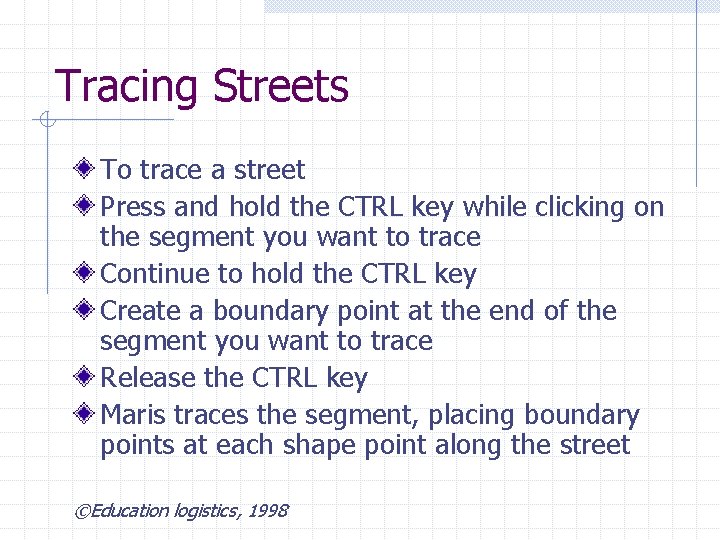 Tracing Streets To trace a street Press and hold the CTRL key while clicking