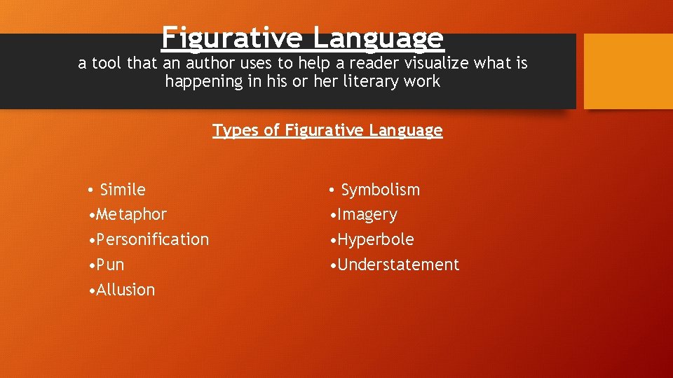 Figurative Language a tool that an author uses to help a reader visualize what