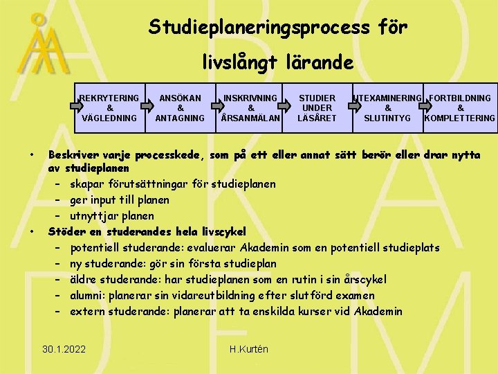 Studieplaneringsprocess för livslångt lärande REKRYTERING & VÄGLEDNING • • ANSÖKAN & ANTAGNING INSKRIVNING &