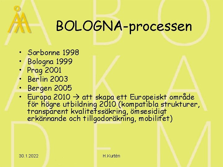 BOLOGNA-processen • • • Sorbonne 1998 Bologna 1999 Prag 2001 Berlin 2003 Bergen 2005