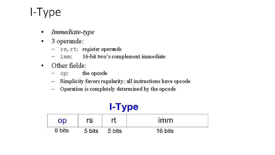 I-Type • • Immediate-type 3 operands: – rs, rt: register operands – imm: 16